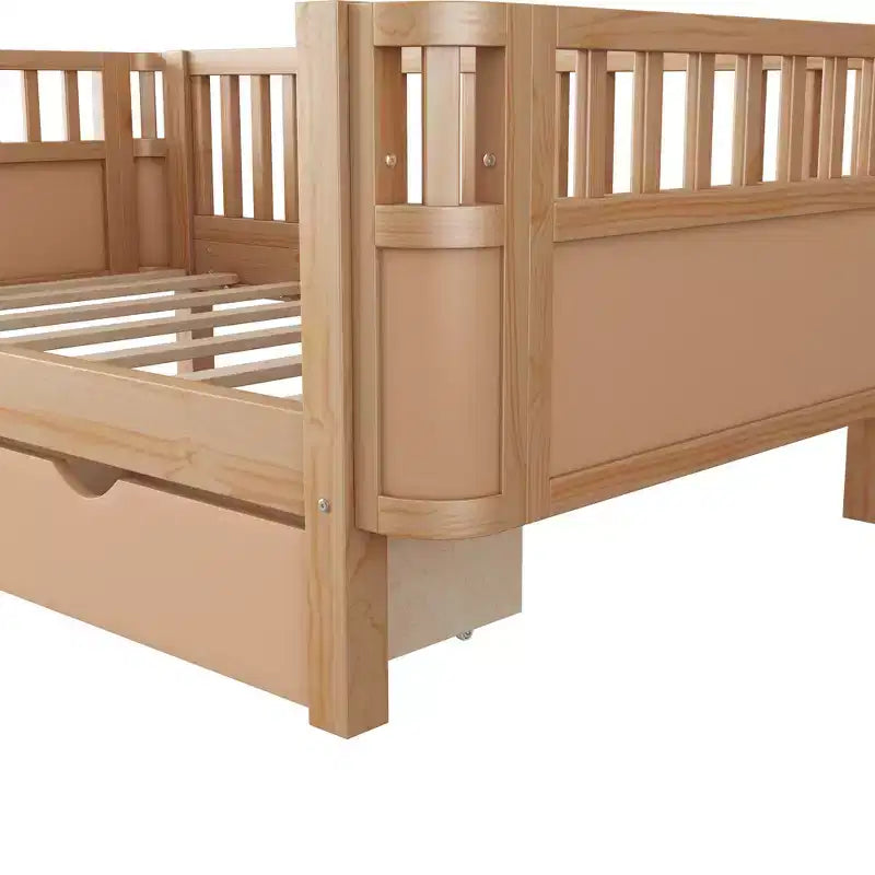 Kinderbett aus Holz für Doppel-/Einzelbetten, niedriges Plattformbett mit Sicherheitsgeländern und Schubladen für das Schlafzimmer - ModernLuxe