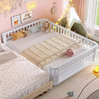 Bellemave Full Platform Bed with Safety Guardrails and Detachable Fence, Solid Wood Platform Bed for Kids, White