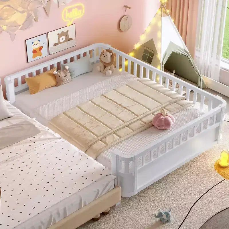 Bellemave Full Platform Bed with Safety Guardrails and Detachable Fence, Solid Wood Platform Bed for Kids, White