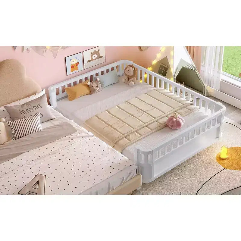 Bellemave komplettes Plattformbett mit Sicherheitsgeländern und abnehmbarem Zaun, Plattformbett aus Massivholz für Kinder, Weiß