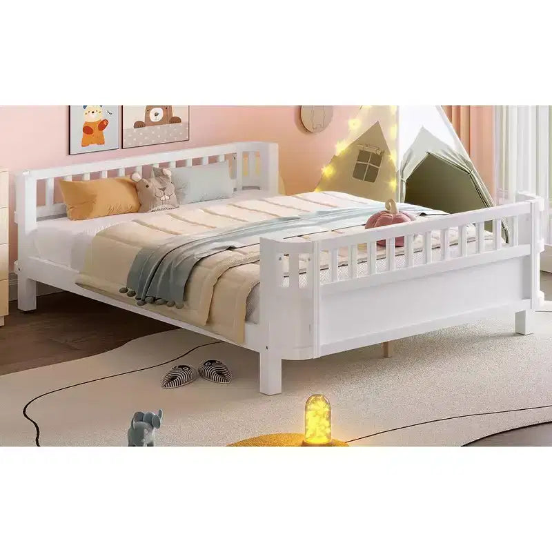 Bellemave komplettes Plattformbett mit Sicherheitsgeländern und abnehmbarem Zaun, Plattformbett aus Massivholz für Kinder, Weiß