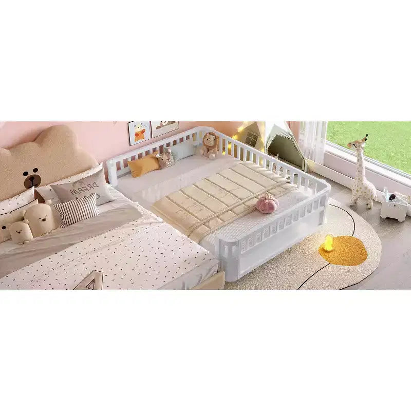 Bellemave komplettes Plattformbett mit Sicherheitsgeländern und abnehmbarem Zaun, Plattformbett aus Massivholz für Kinder, Weiß