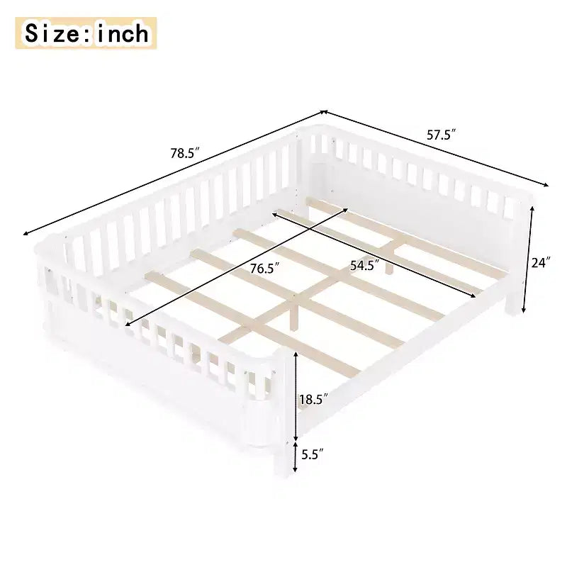 Bellemave komplettes Plattformbett mit Sicherheitsgeländern und abnehmbarem Zaun, Plattformbett aus Massivholz für Kinder, Weiß