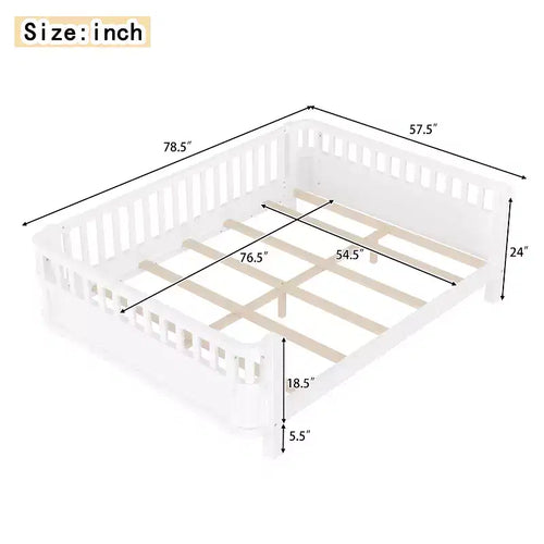Bellemave komplettes Plattformbett mit Sicherheitsgeländern und abnehmbarem Zaun, Plattformbett aus Massivholz für Kinder, Weiß