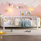 Bellemave komplettes Plattformbett mit Sicherheitsgeländern und abnehmbarem Zaun, Plattformbett aus Massivholz für Kinder, Weiß