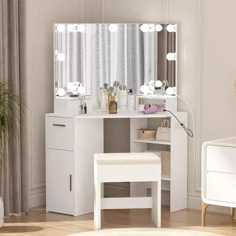 Modern Corner Vanity Makeup Desk with Vanity Mirror,Built-in Power Outlet with Drawers & Cabinets,Open Storage,for Bedroom