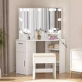 Modern Corner Vanity Makeup Desk with Vanity Mirror,Built-in Power Outlet with Drawers & Cabinets,Open Storage,for Bedroom