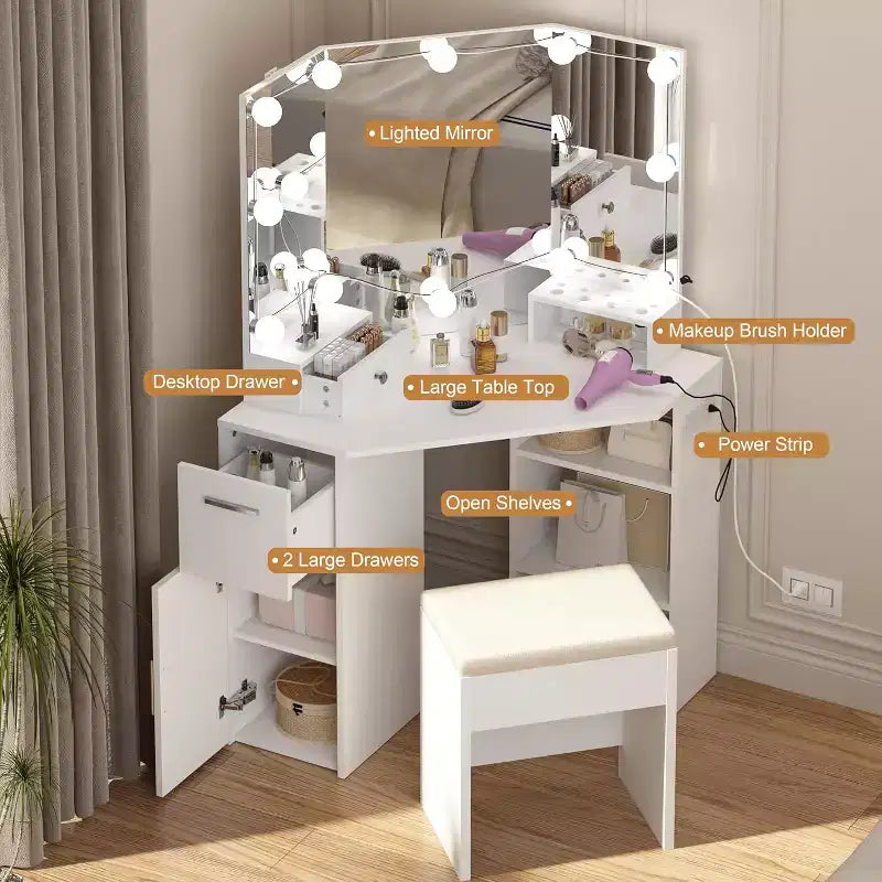 Moderner Eck-Schminktisch mit Spiegel, integrierter Steckdose, Schubladen und Schränken, offene Ablage, für Schlafzimmer