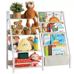 MAYEERTY 4 Tier Wooden Bookshelf and Toy Storage with Three Layer Sling Bookcase for Living Room White