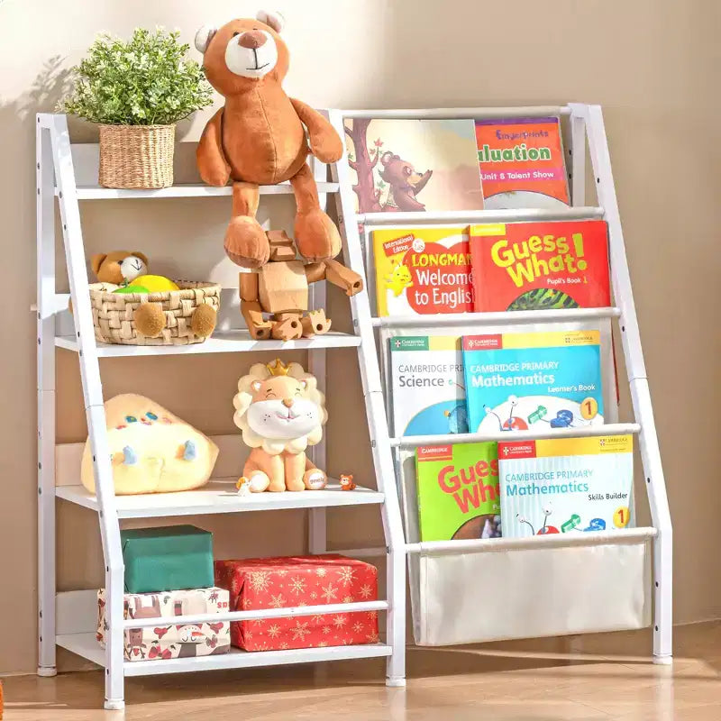 MAYEERTY 4-stöckiges Holzregal und Spielzeugaufbewahrung mit dreischichtigem Stoffregal für das Wohnzimmer, Weiß