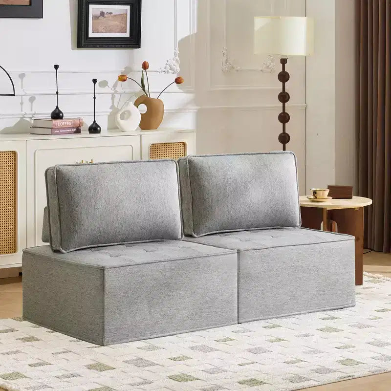 Hellgraues Leinenmodulsofa mit Holzrahmen – Mix-&-Match für kleine Räume