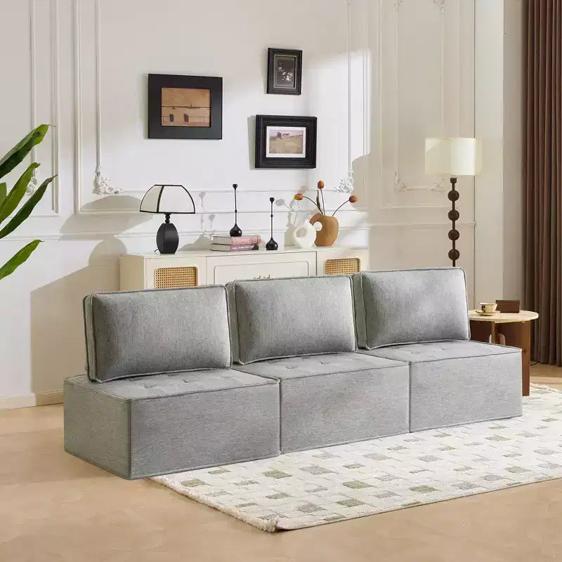 Hellgraues Leinenmodulsofa mit Holzrahmen – Mix-&-Match für kleine Räume