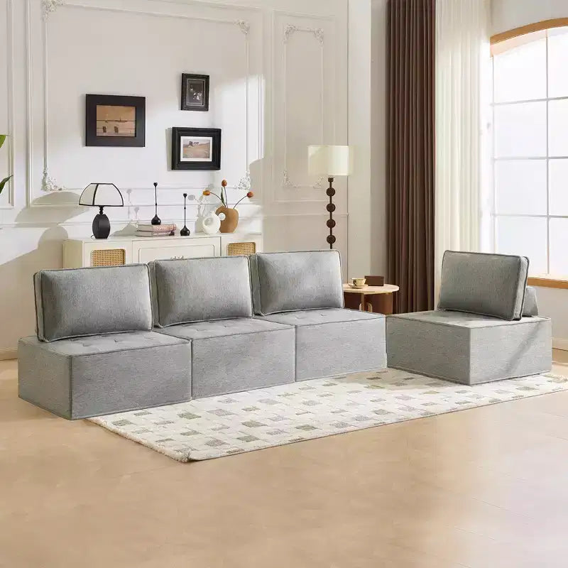 Hellgraues Leinenmodulsofa mit Holzrahmen – Mix-&-Match für kleine Räume