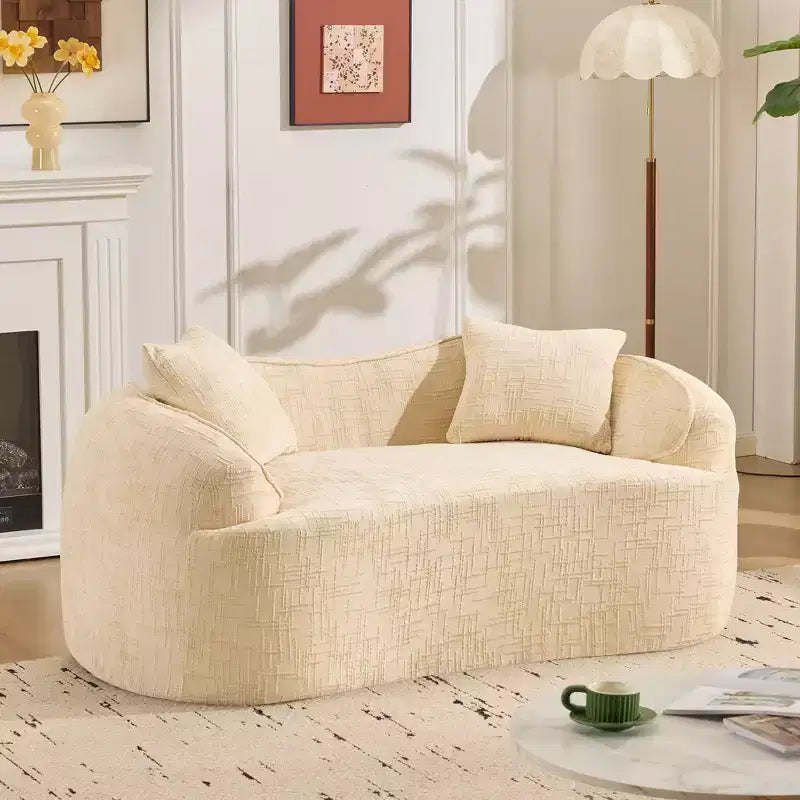 Beige Curved 2-Seat Sofa w/ Arms & 2 Pillows  Petite-Perfect for Any Room