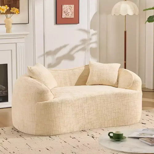 Beige Curved 2-Seat Sofa w/ Arms & 2 Pillows  Petite-Perfect for Any Room