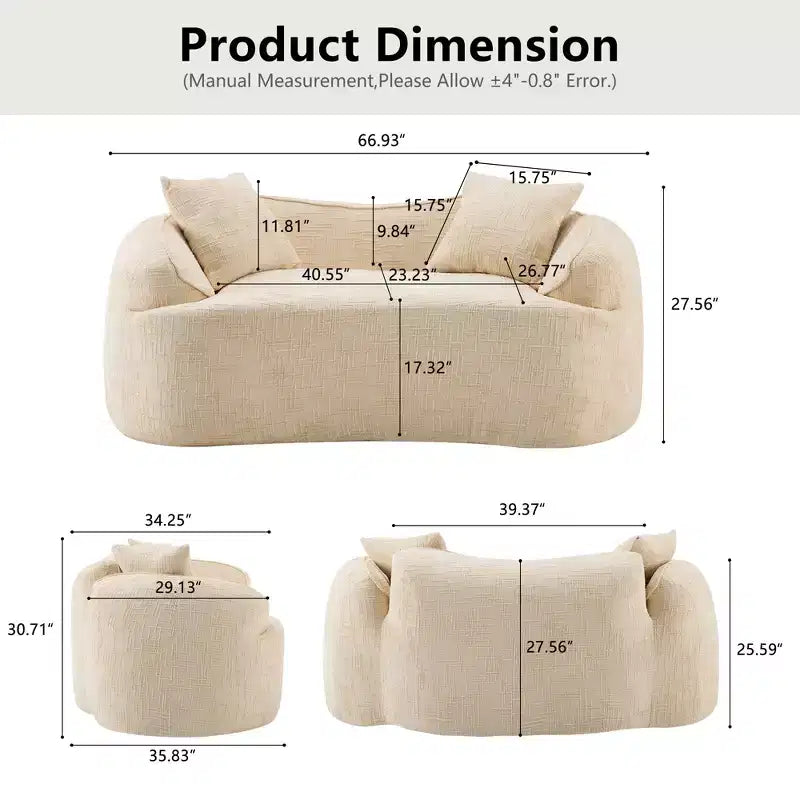 Beiges geschwungenes 2-Sitzer Sofa mit Armlehnen & 2 Kissen – Klein, perfekt für jeden Raum