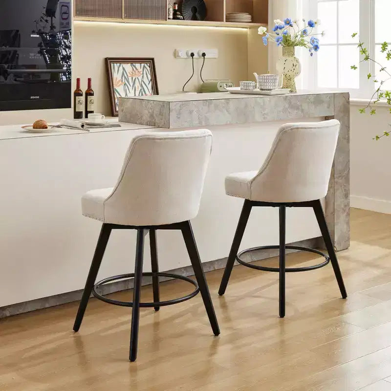 4er-Set Leinen Beige Barhocker – 66 cm hohe drehbare Thekenhocker mit Rückenlehne und Holzbeinen für Kücheninsel und Hausbar (Modern Upholstered Design)