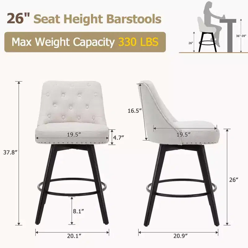 4er-Set Leinen Beige Barhocker – 66 cm hohe drehbare Thekenhocker mit Rückenlehne und Holzbeinen für Kücheninsel und Hausbar (Modern Upholstered Design)