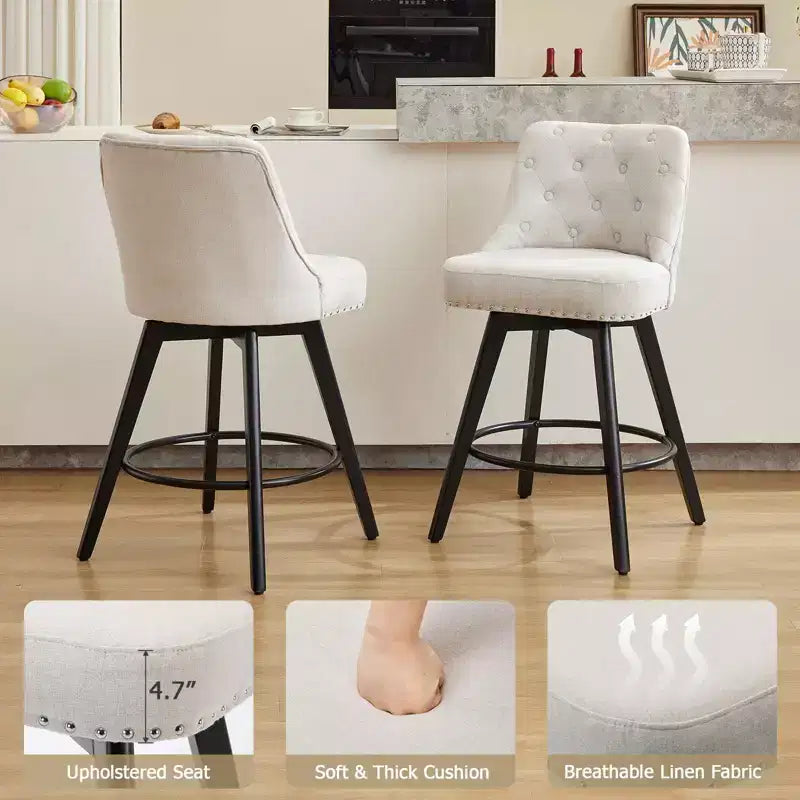 4er-Set Leinen Beige Barhocker – 66 cm hohe drehbare Thekenhocker mit Rückenlehne und Holzbeinen für Kücheninsel und Hausbar (Modern Upholstered Design)