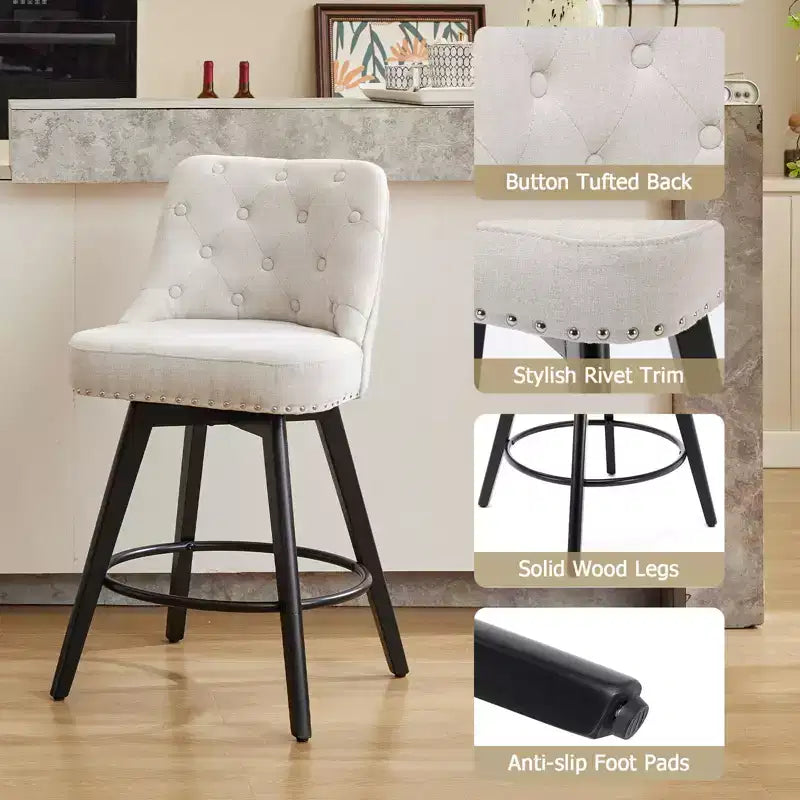 4er-Set Leinen Beige Barhocker – 66 cm hohe drehbare Thekenhocker mit Rückenlehne und Holzbeinen für Kücheninsel und Hausbar (Modern Upholstered Design)