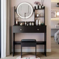 Vanity Desk with Mirror and Lights, Makeup Vanity Table Set with Power Outlets and Chair, 3 Lighting Colors, Makeup Desk with 3 Drawer