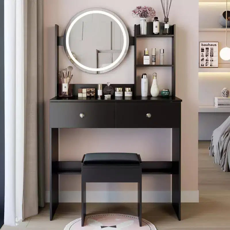 Vanity Desk with Mirror and Lights, Makeup Vanity Table Set with Power Outlets and Chair, 3 Lighting Colors, Makeup Desk with 3 Drawer