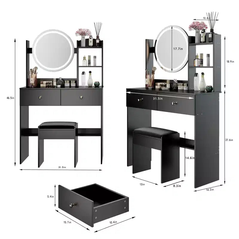 Schminktisch mit Spiegel und Beleuchtung, Schminktisch-Set mit Steckdosen und Stuhl, 3 Beleuchtungsfarben, Schminktisch mit 3 Schubladen