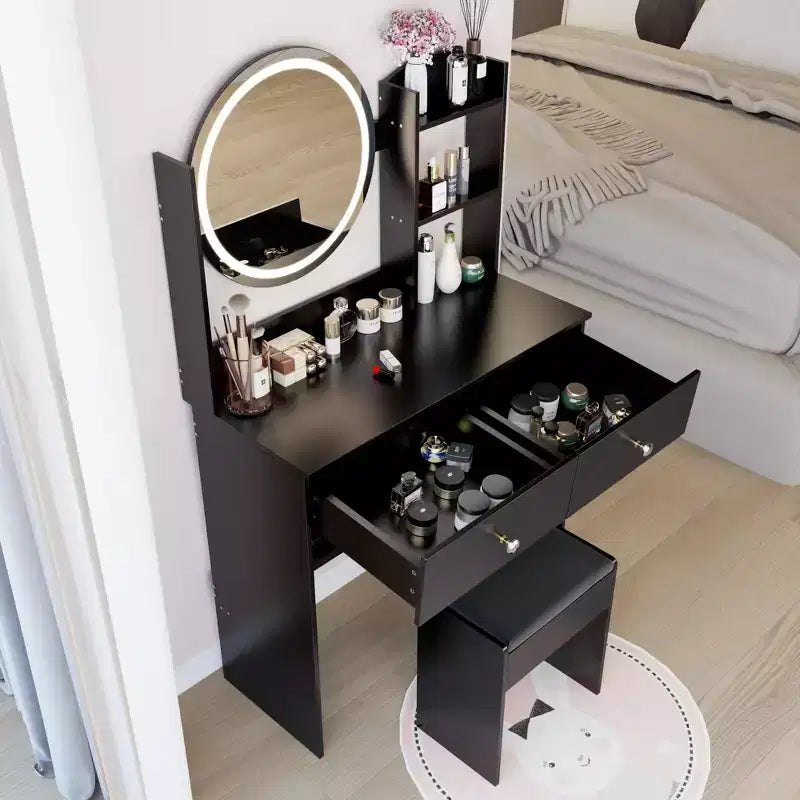Schminktisch mit Spiegel und Beleuchtung, Schminktisch-Set mit Steckdosen und Stuhl, 3 Beleuchtungsfarben, Schminktisch mit 3 Schubladen
