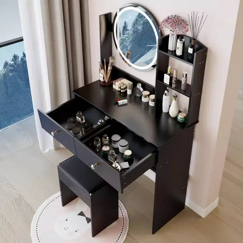 Schminktisch mit Spiegel und Beleuchtung, Schminktisch-Set mit Steckdosen und Stuhl, 3 Beleuchtungsfarben, Schminktisch mit 3 Schubladen