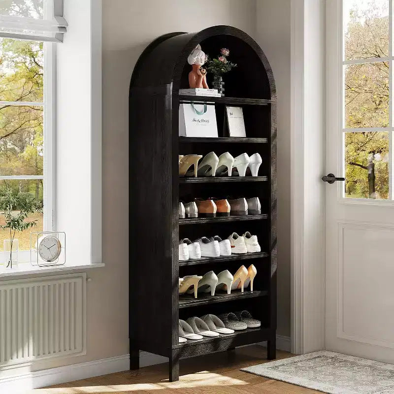 71in Tall Arched Shoe Storage Cabinet for Entryway, 7 Tier Wood Shoe Organizer with Adjustable Shelves