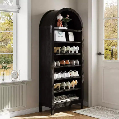 71in Tall Arched Shoe Storage Cabinet for Entryway, 7 Tier Wood Shoe Organizer with Adjustable Shelves