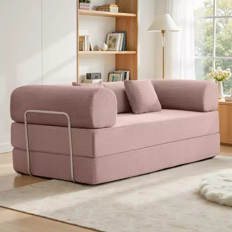 78.7 in.Light Pink Corduroy Convertible Sofa Bed, Metal Frame, Foldable Floor Sofa(large size)