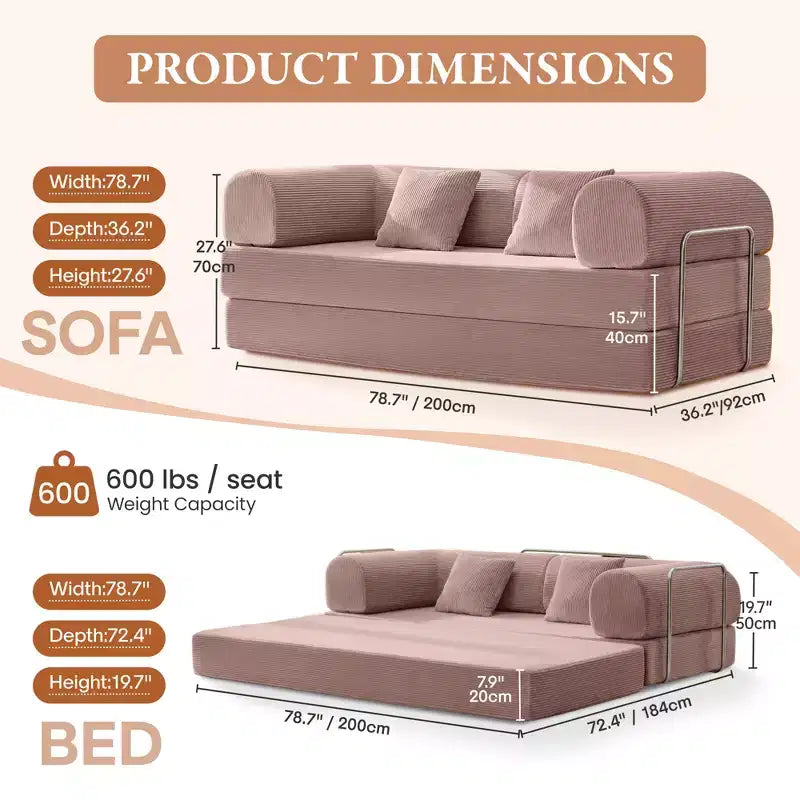 78.7 Zoll Hellrosa Cord Schlafsofa, Metallrahmen, faltbares Bodensofa (große Größe)