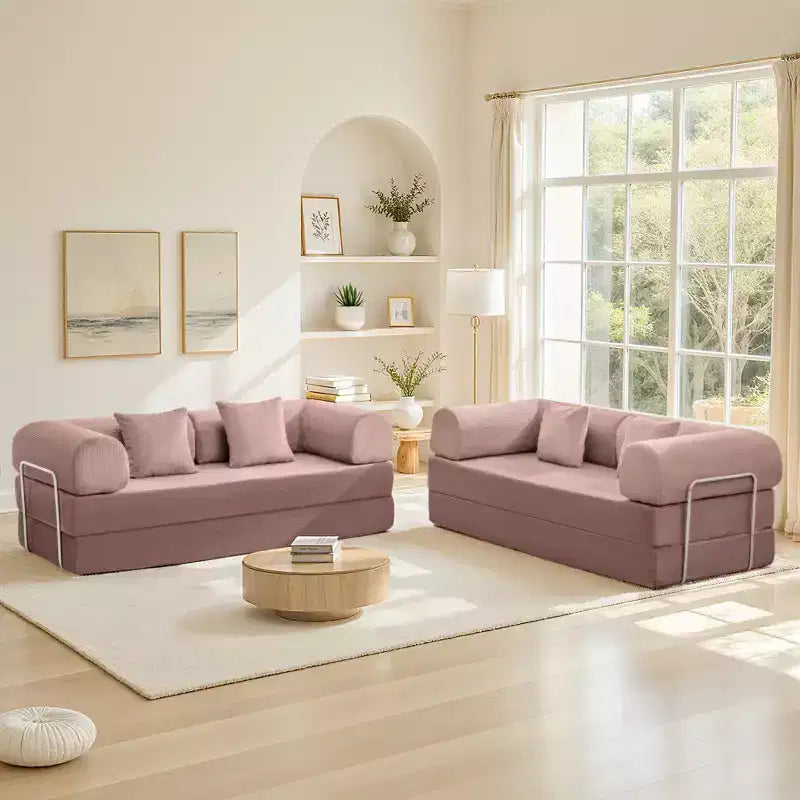78.7 Zoll Hellrosa Cord Schlafsofa, Metallrahmen, faltbares Bodensofa (große Größe)