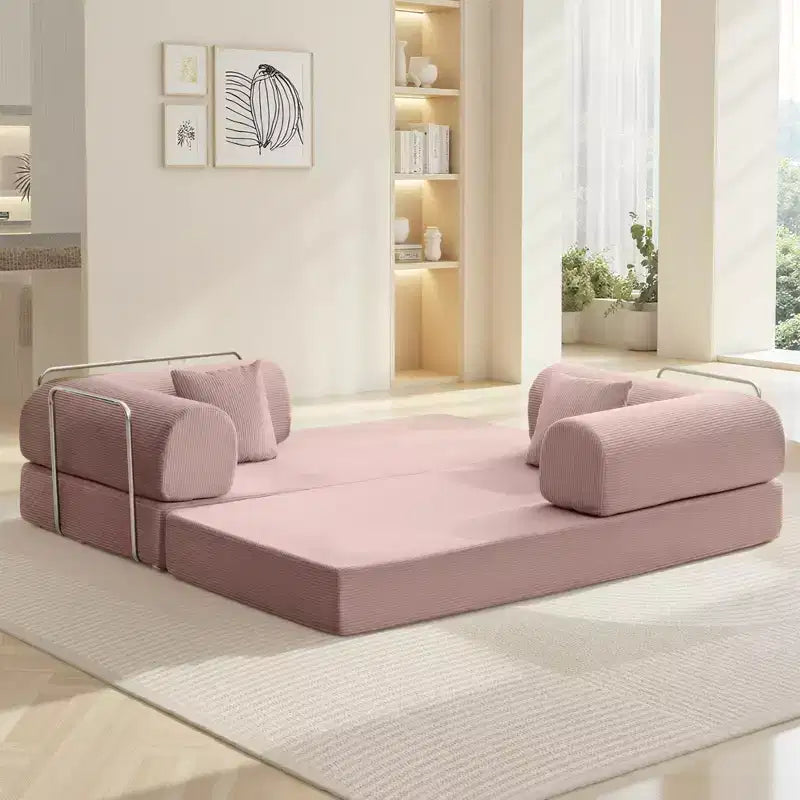 78.7 Zoll Hellrosa Cord Schlafsofa, Metallrahmen, faltbares Bodensofa (große Größe)