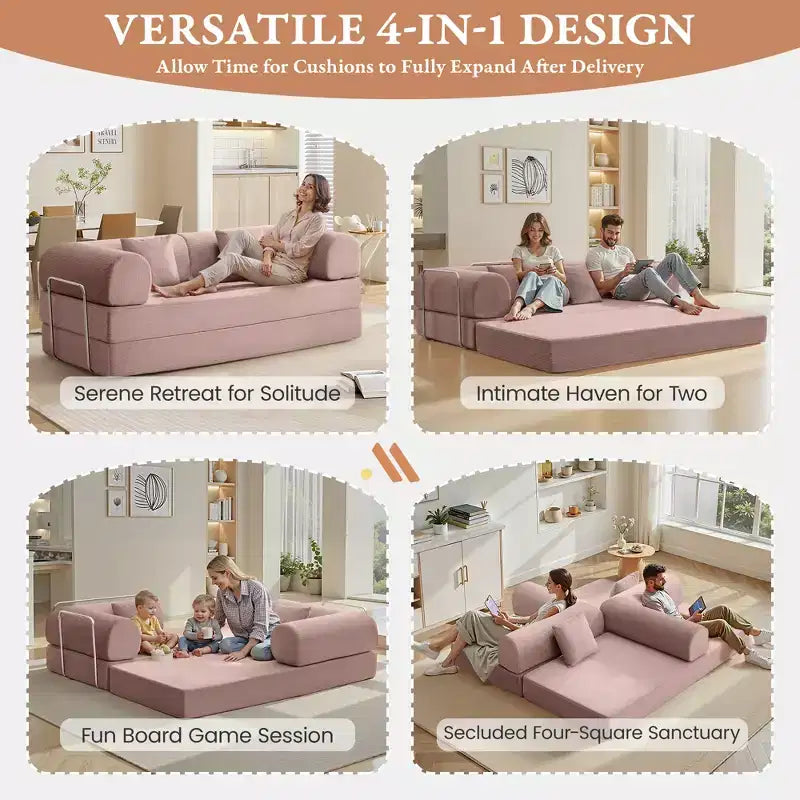 78.7 Zoll Hellrosa Cord Schlafsofa, Metallrahmen, faltbares Bodensofa (große Größe)
