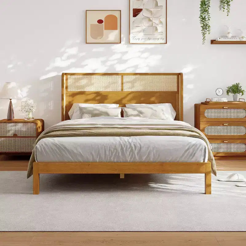 King/Queen Platform Bed Frame with Headboard, Mid Century Modern Rubber Wood Bed for Bedroom, Natural - ModernLuxe