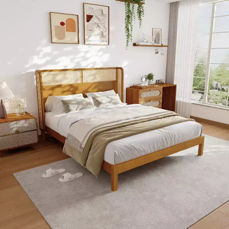 King/Queen Plattformbettrahmen mit Kopfteil, Bett aus Kautschukholz im Mid-Century Modern Stil für Schlafzimmer, Natur - ModernLuxe