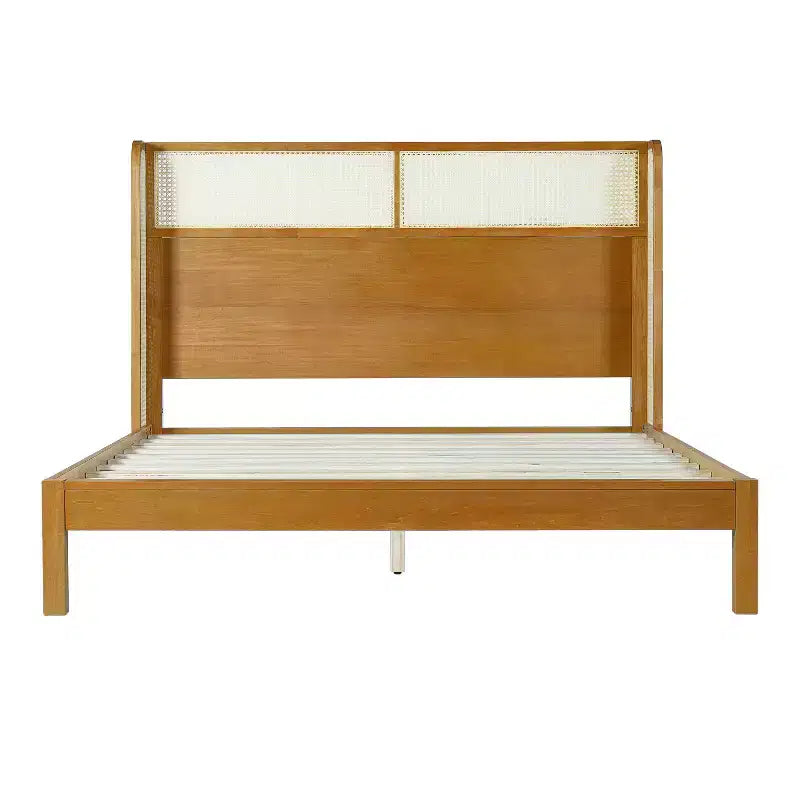 King/Queen Plattformbettrahmen mit Kopfteil, Bett aus Kautschukholz im Mid-Century Modern Stil für Schlafzimmer, Natur - ModernLuxe