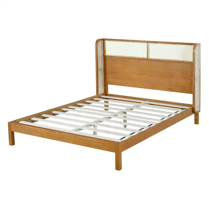 King/Queen Plattformbettrahmen mit Kopfteil, Bett aus Kautschukholz im Mid-Century Modern Stil für Schlafzimmer, Natur - ModernLuxe