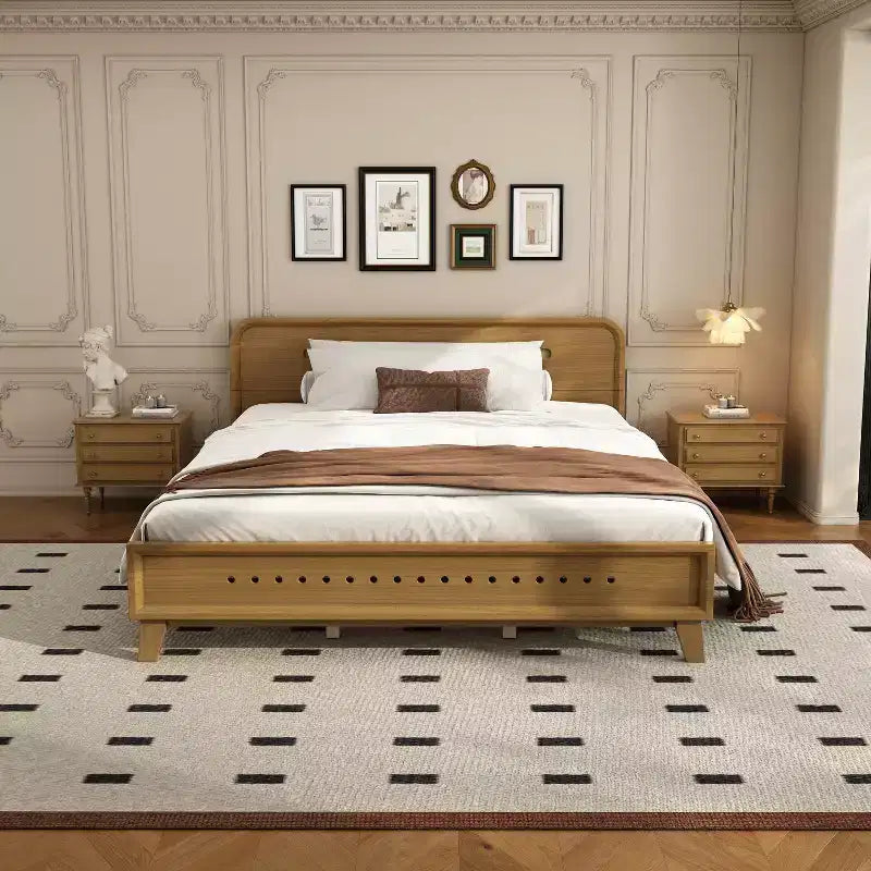 King/Queen Size Bed Frame, Solid Pine Wood Platform Bed Frame, No Box Spring Needed, Rustic Yellow - ModernLuxe