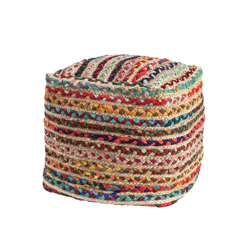 HomeRoots 18 Natural and Rainbow Braided Jute And Polyester Striped Pouf Ottoman