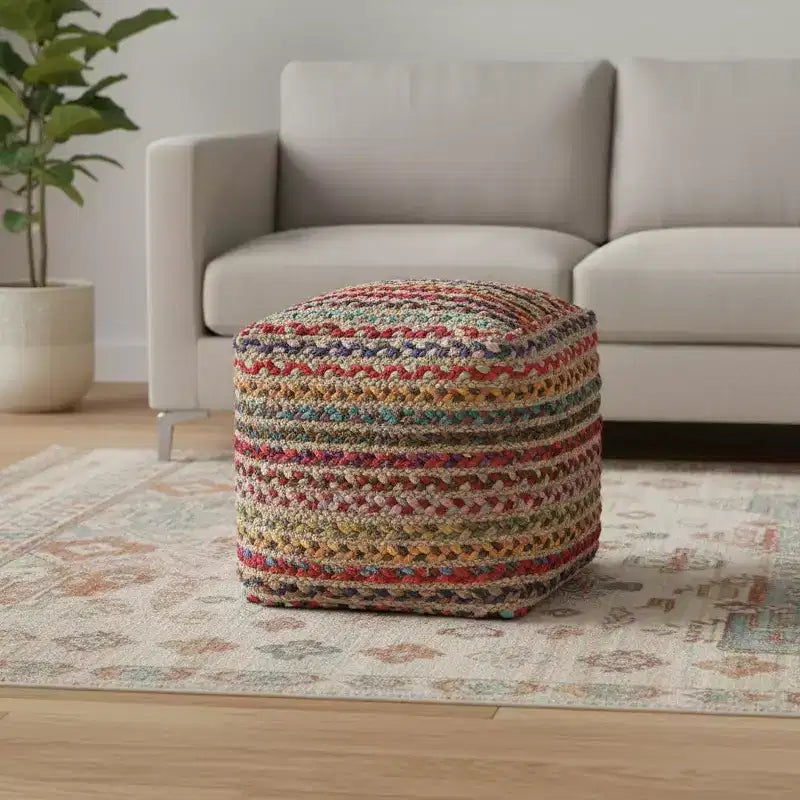 HomeRoots 18 Naturfarbener und Regenbogenfarbener Geflochtener Jute- und Polyester-Gestreifter Pouf Hocker