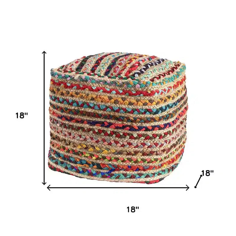 HomeRoots 18 Naturfarbener und Regenbogenfarbener Geflochtener Jute- und Polyester-Gestreifter Pouf Hocker