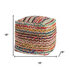 HomeRoots 18 Naturfarbener und Regenbogenfarbener Geflochtener Jute- und Polyester-Gestreifter Pouf Hocker