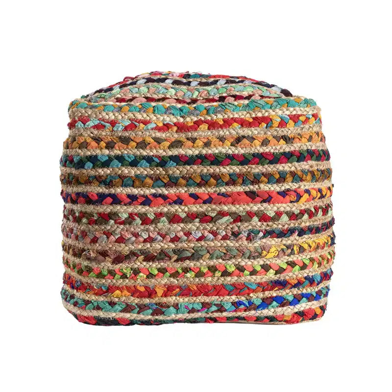 HomeRoots 18 Naturfarbener und Regenbogenfarbener Geflochtener Jute- und Polyester-Gestreifter Pouf Hocker