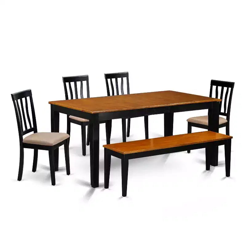 Nordic Dining Set - 6 Piece Kitchen Table & Chair Set - Black Cherry Finish - Rectangle Table with Bench