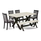 HomeStock 6-Piece Rectangle Natural Oak Finish Solid Wood Top Dining Table with 1-Bench, 4 Upholstered-Chairs