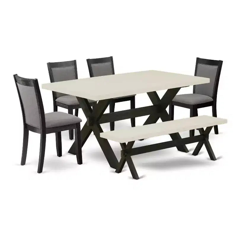 HomeStock 6-Piece Rectangle Natural Oak Finish Solid Wood Top Dining Table with 1-Bench, 4 Upholstered-Chairs