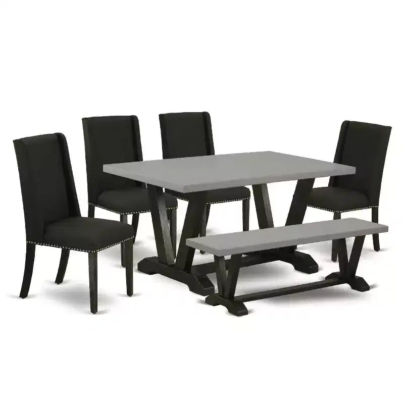 HomeStock 6-Pc Rectangle Natural Oak Finish Solid Wood Top Dining Table with 1-Bench, 4 Upholstered-Chairs